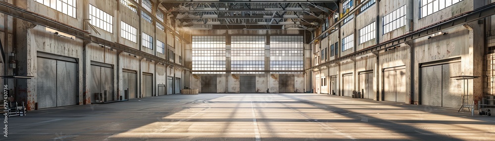An empty warehouse with large windows and sunlight shining through them.