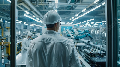 An engineer in a hard hat looking at a robotic assembly line.