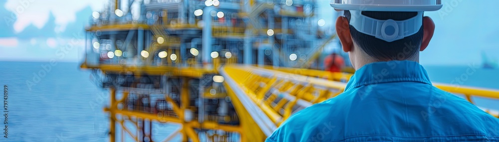 An engineer looking out at an oil rig in the ocean.