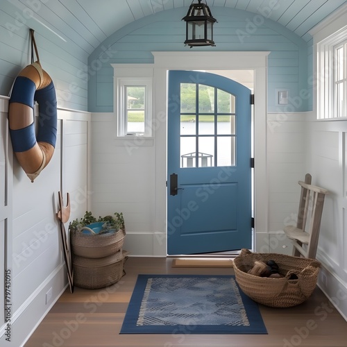 Shiplap walls, a natural fiber rug, and a glorious blue door create the quintessential coastal entryway coastal home interior decorative style element ... See More
