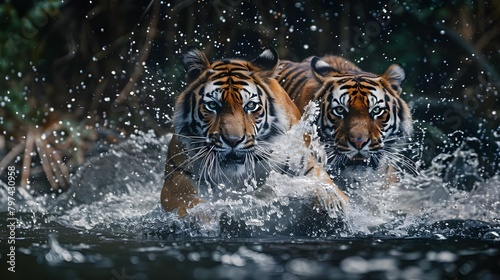 AI generated Two tigers are running through the water, splashing and playing Pro Photo
