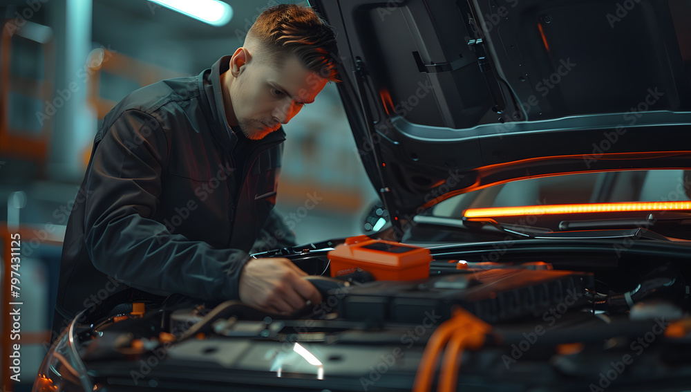 Auto mechanic working on car broken engine in mechanics service or garage. Transport maintenance wrench detial Auto mechanic working on car broken engine in mechanics service or garage. Transport maintenance wrench detial