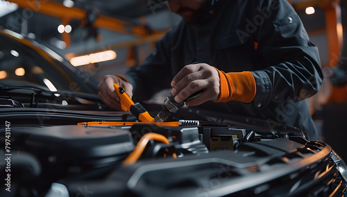 Auto mechanic working on car broken engine in mechanics service or garage. Transport maintenance wrench detial photo