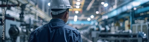 An industrial worker wearing a hard hat and blue coveralls is walking through a large, modern factory. photo