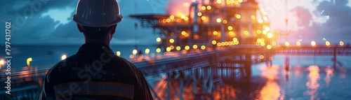 An oil worker looking out at an oil rig at night. photo