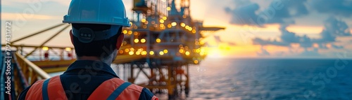 An oil worker looking out at an oil rig in the ocean at sunset. photo