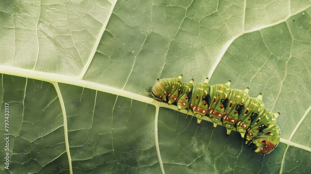 Fototapeta premium A caterpillar inching its way along a leaf's vein, symbolizing growth and transformation in the natural world.