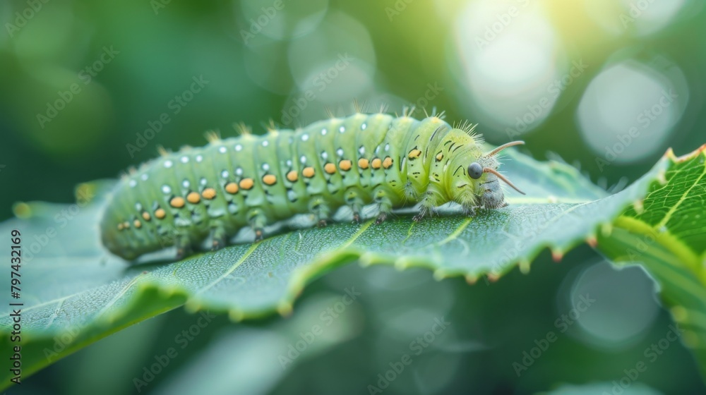 A caterpillar munching on a leaf, showcasing the role of insects in the natural cycle of consumption and decay.