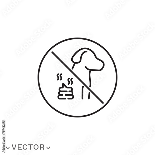 no dog pooping icon, shitting is not allowed, thin line symbol isolated on white background, editable stroke eps 10 vector illustration