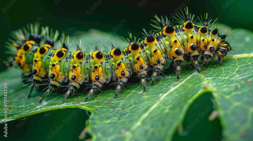 A caterpillar munching on a leaf, showcasing the role of insects in the natural cycle of consumption and decay. A caterpillar munching on a leaf, showcasing the role of insects in the natural cycle of consumption and decay.