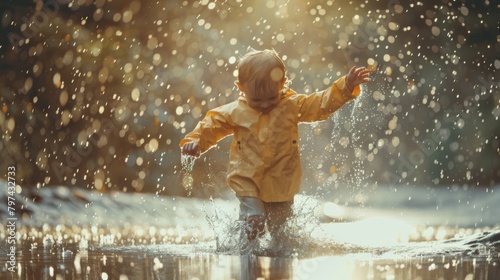 A child splashing in puddles with delight during a rainstorm, embracing the simple joys of playing in the rain. © Plaifah