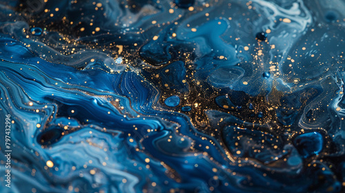 Dusky sapphire marble ink with twinkling glitters and captivating glowing particles, painting an enchanting scene in the dark.
