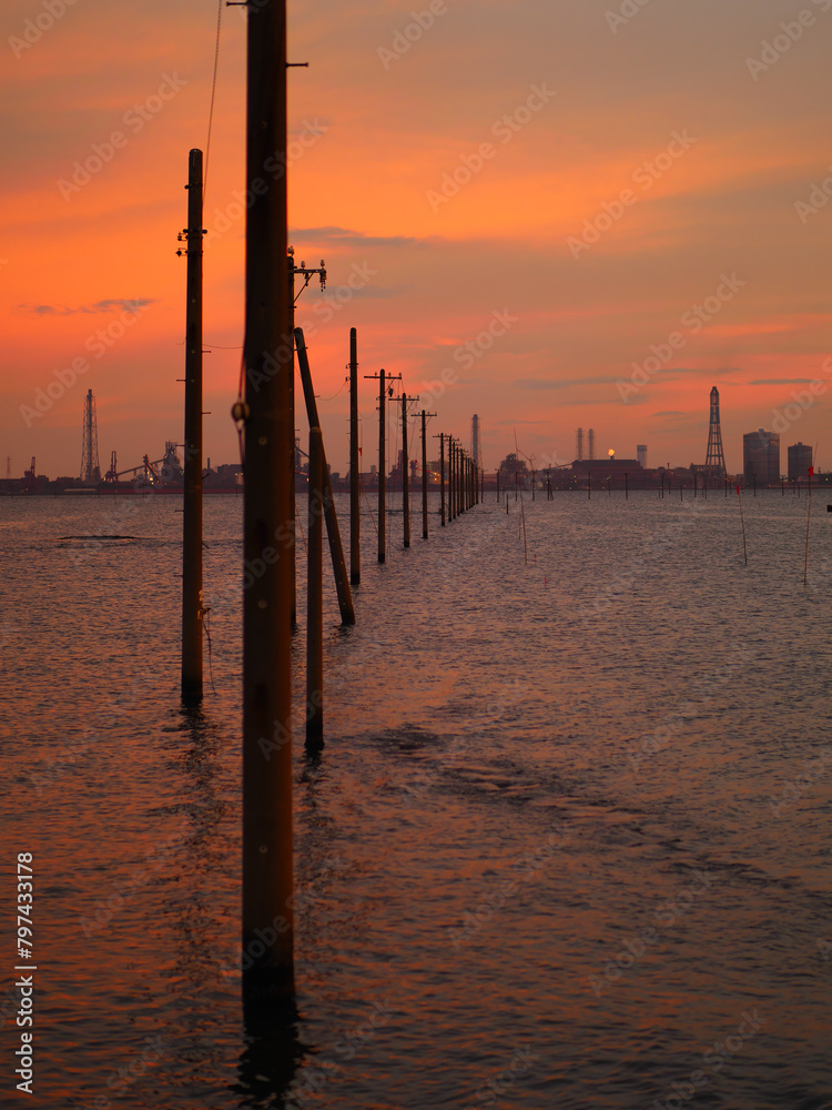 夕焼けに染まる江川海岸の海中電柱（千葉のウニユ塩湖）