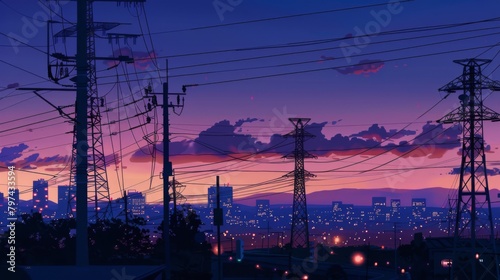 A city skyline with silhouetted power lines and electrical towers against the evening sky