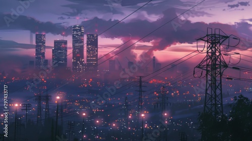 A cityscape with illuminated skyscrapers and lit-up power lines at twilight