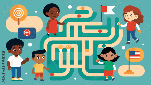 An interactive game where children must work together to navigate a Freedom Maze while learning about the struggles and triumphs of the Civil Rights. Vector illustration