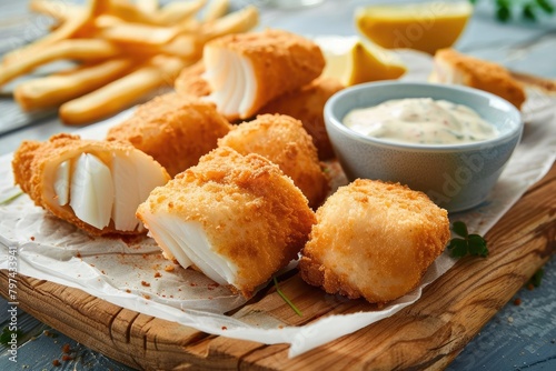 french fries with fish bites and tartar sauce