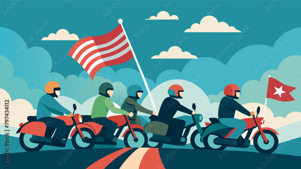Fototapeta premium As they ride in solidarity the bikers pass by cheering crowds and waving flags their journey serving as a reminder of the sacrifices made by our. Vector illustration