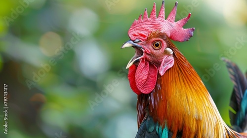 A close-up of a fierce rooster crowing confidently, displaying the pride and strength of a champion fighter.