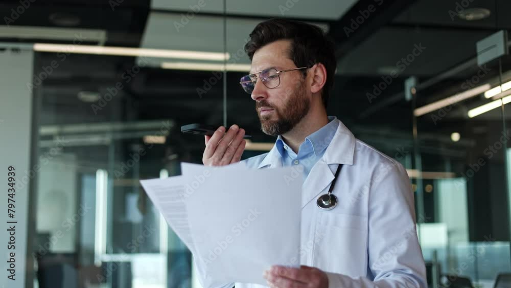 Male physician with beard holding documents and recording voice message about analysis results. Caucasian doctor in glasses giving treatment instructions to patient while using modern smartphone.