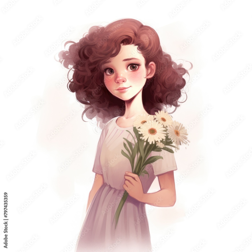 A watercolor beautiful minimalist character illustration of a young girl holding a flower, with a white background, subtle shadows, and a delicate color palette, AI Generative
