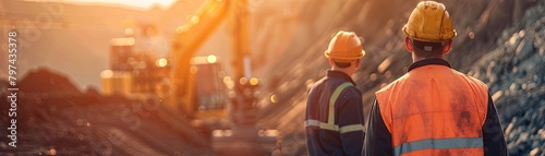 Two mining engineers in hard hats and safety vests looking at a large mining machine.