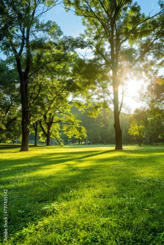 Sunlit green meadow with trees in a park setting