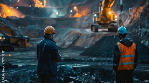 Two mining engineers in hard hats at an open-pit mine at night photo