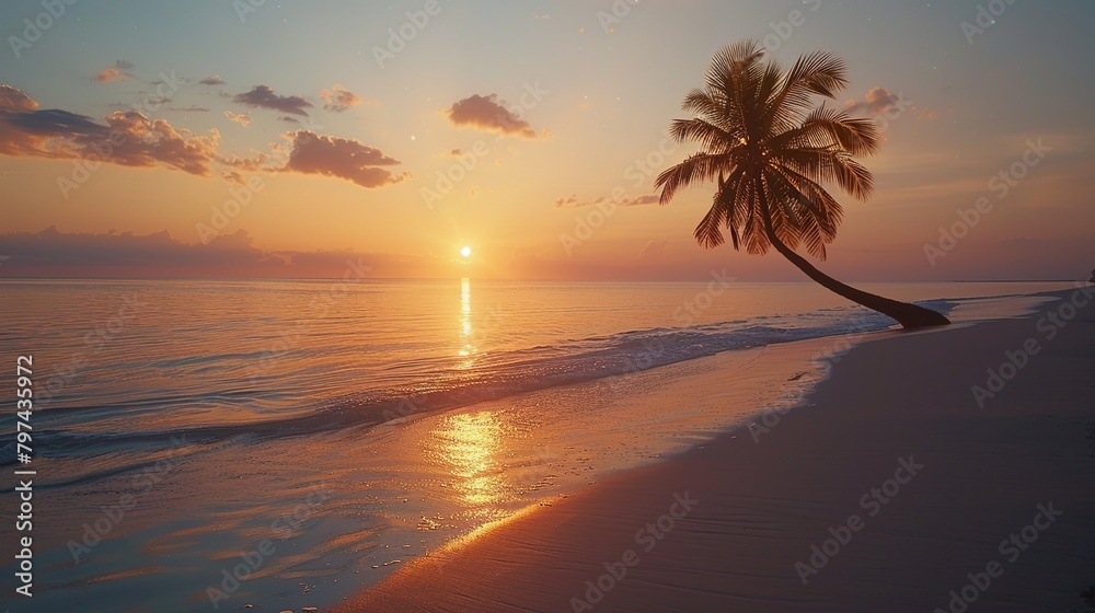 A serene image of a lone palm tree on a beach, with the sun setting majestically in the background