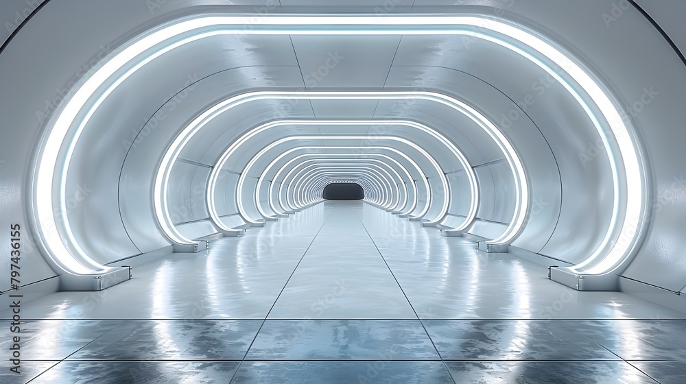 Futuristic 3D Neon-Lit Abstract Corridor with Reflective Floor and Walls Futuristic 3D Neon-Lit Abstract Corridor with Reflective Floor and Walls