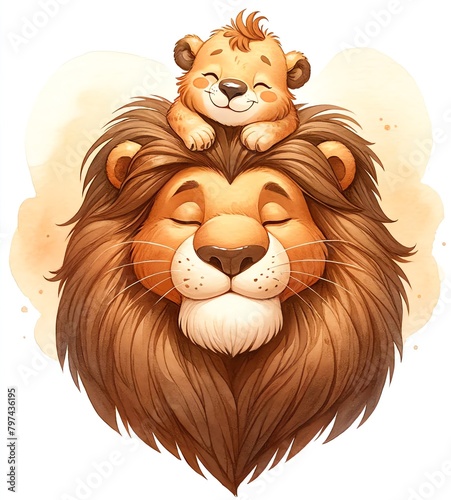 Watercolor painting of a lion and a baby in Father's Day theme photo