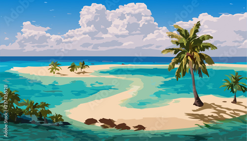 Landscape tropical island and beach with palm trees