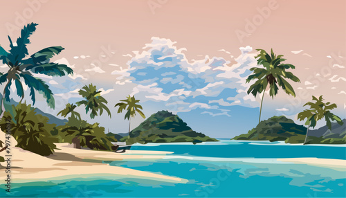 Landscape tropical island and beach with palm trees