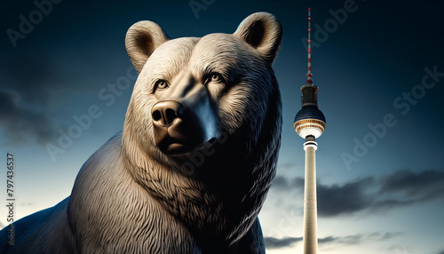 Close-up portrait of a lone bear in a regal pose in front of the Fernseturm (TV tower) in Berlin. The bear, with its sharp and penetrating gaze, symbolizes guardianship over the city's modern achievem photo