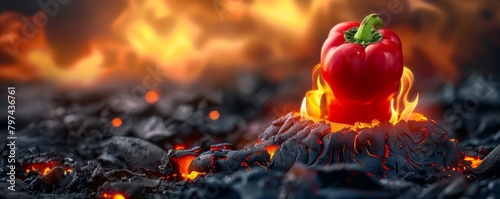Pepper with a Volcano, The pepper placed on a volcano thats erupting with flames photo