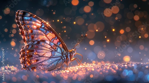 a butterfly sitting on a white surface with glitter covering it, in the style of luminous and dream like scenes