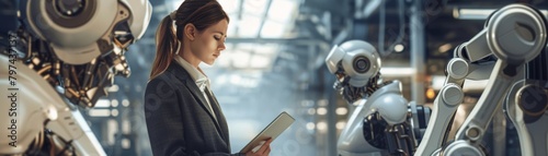 A young girl is standing in a room full of robots. She is looking at a tablet. The girl is wearing a white lab coat. The robots are all different sizes and shapes. Some of them are humanoid, while oth photo