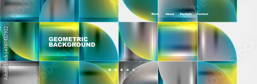 A colorful geometric background with circles and squares in shades of azure and aqua, resembling liquid material properties on a white canvas