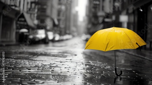 A lone umbrella in a rainy street scene, everything in black and white except the bright yellow umbrella, offering a pop of color