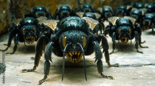 A swarm of killer bees with glowing red eyes photo