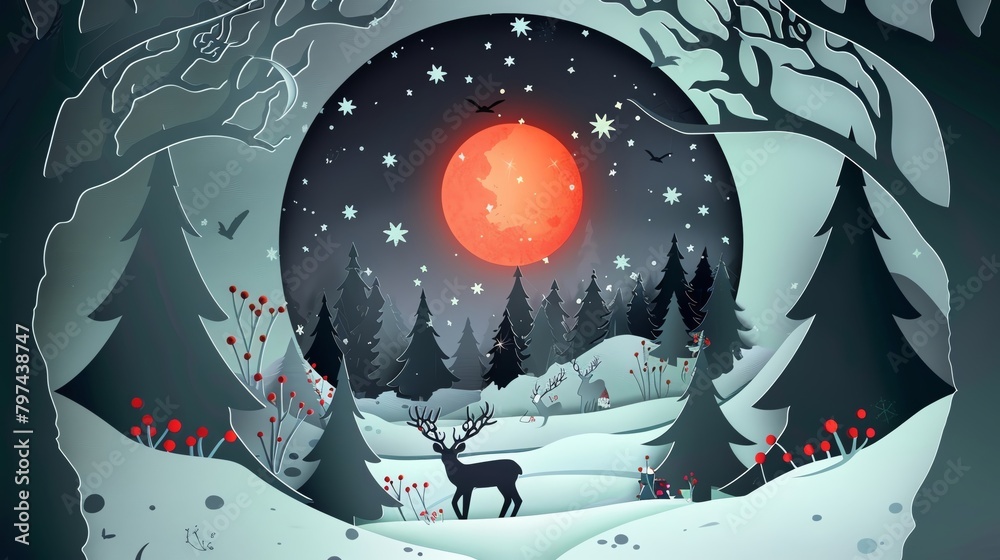 Naklejka premium Artistic paper cut design featuring a serene Christmas night landscape, with Santa and deer silhouettes under a full moon