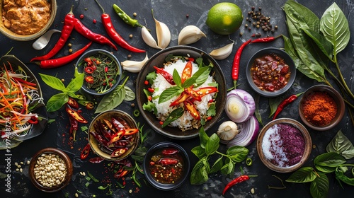 Artistic layout of various Thai dishes, showcasing a range of spices and textures, from fresh herbs to fiery chilies, arranged around a central bowl of rice photo