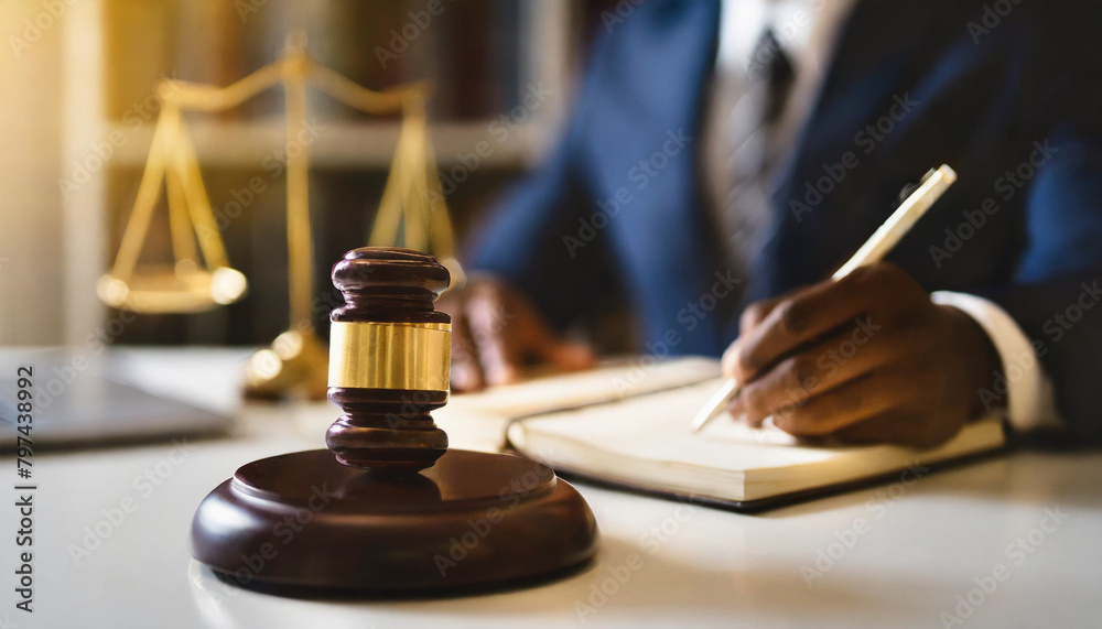 wooden gavel with blurred judge's hand writing on paper wooden gavel with blurred judge's hand writing on paper