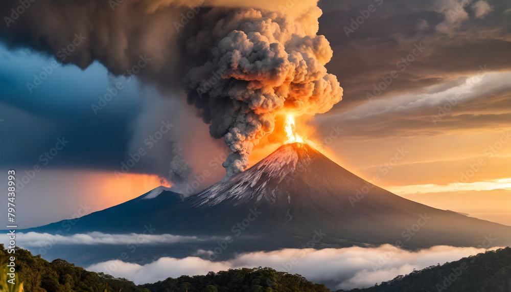 Volcano erupts with smoke, thunder, and lightning, illustrating raw power of nature