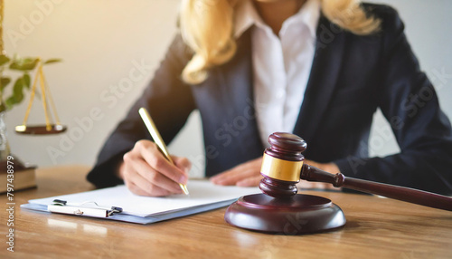 wooden gavel with blurred judge's hand writing on paper photo