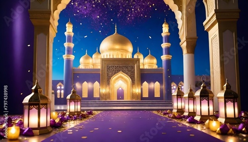 eid mubarak theme in hd with a lot of lantern lights with matellic colours with luxrious royal background and mosque in shiny colour behind it with eid celebrations confetti