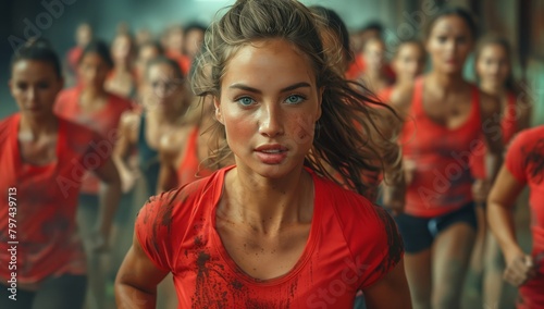 A blond woman in a red shirt is jogging through a lively crowd at a fan event