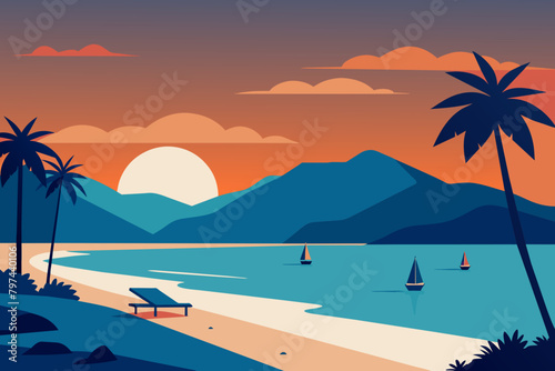 Ilustración vectorial de una escena de playa con montañas y palmeras al fondo