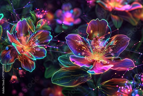 Abstract Neon Bloom Networks: Electric Botanical Euphoria photo