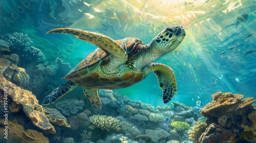 A curious turtle gliding gracefully through a sunlit reef, symbolizing the enduring connection between land and sea.